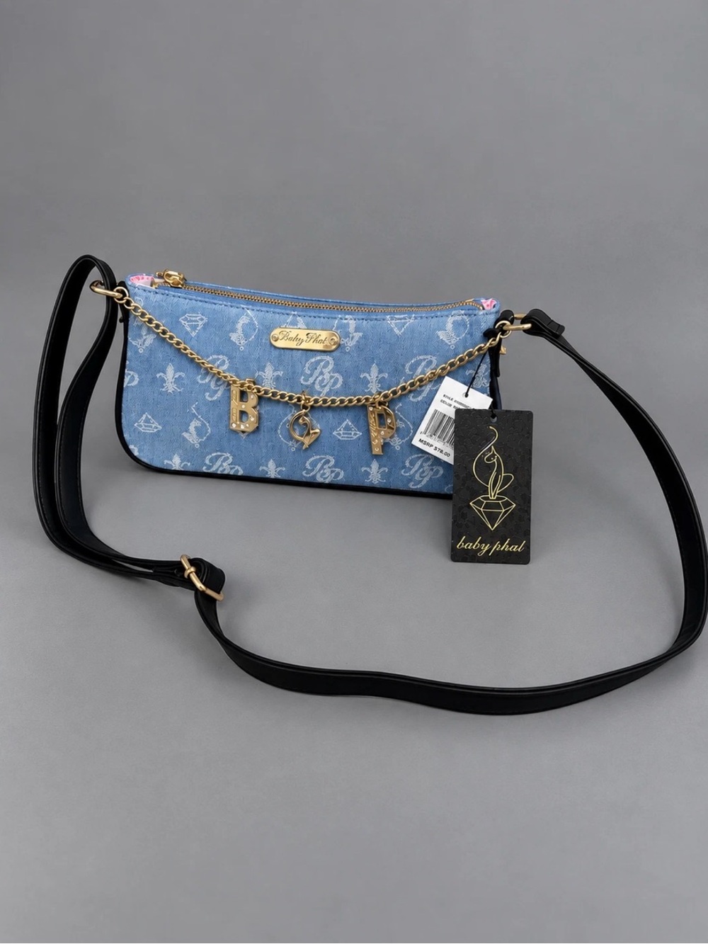 Baby Phat Light Blue Denim Logo Crossbody with Gold Charm Chain
